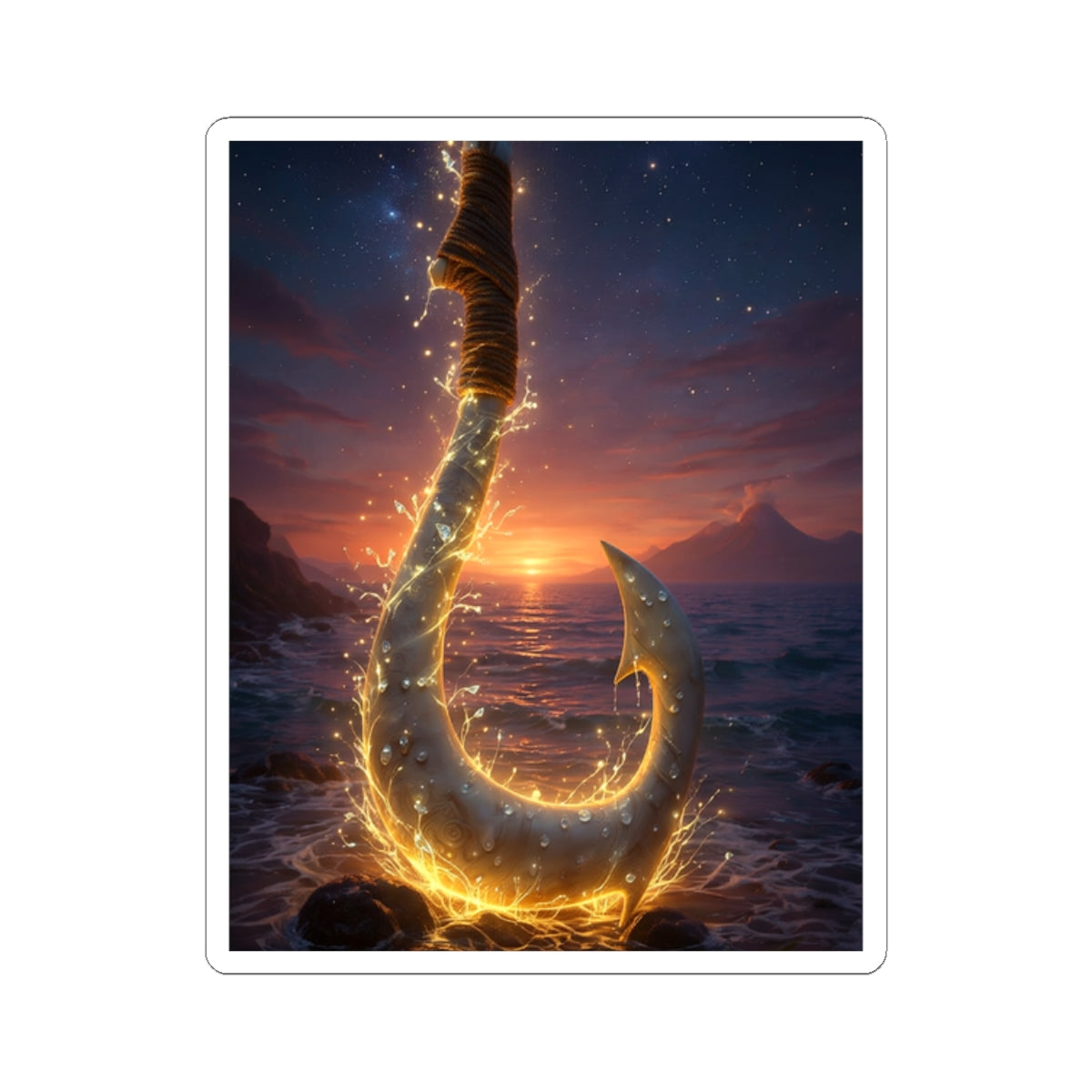 Golden Fishing Hook Sticker — Glowing Ocean Sunset Kiss-Cut Decal