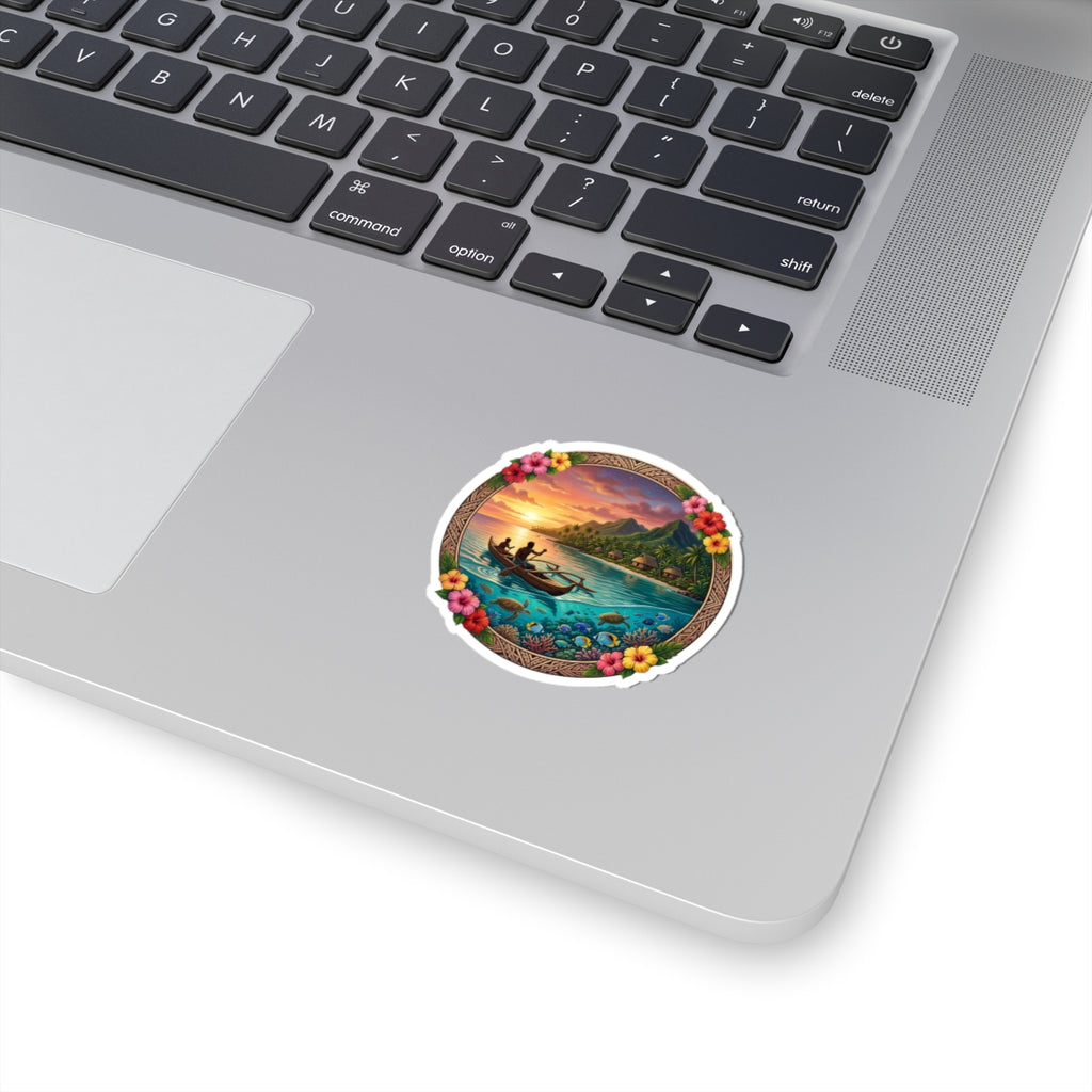 Tropical Sunset Sticker — Island Canoe Scene Kiss-Cut Sticker