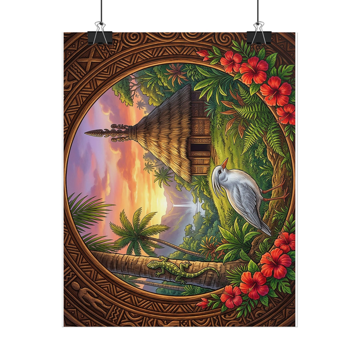 Tropical Sunset Rolled Poster — Pacific Fall Scene with Egret & Hibiscus