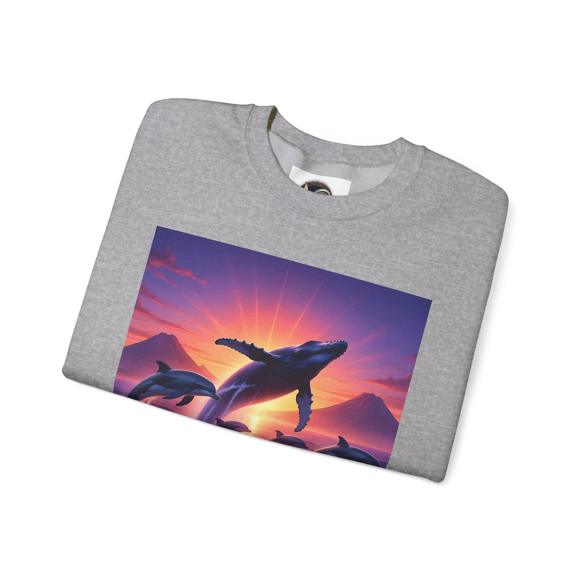 Whale Sunset Crewneck Sweatshirt — Ocean Dolphin Jump Graphic