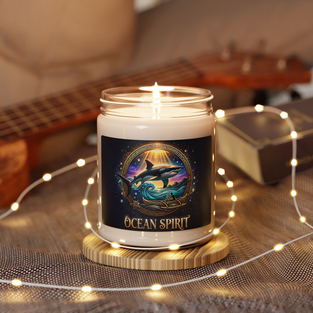 Ocean Spirit Scented Soy Candle — 9oz Aromatherapy Candle with Shark & Sunset Design