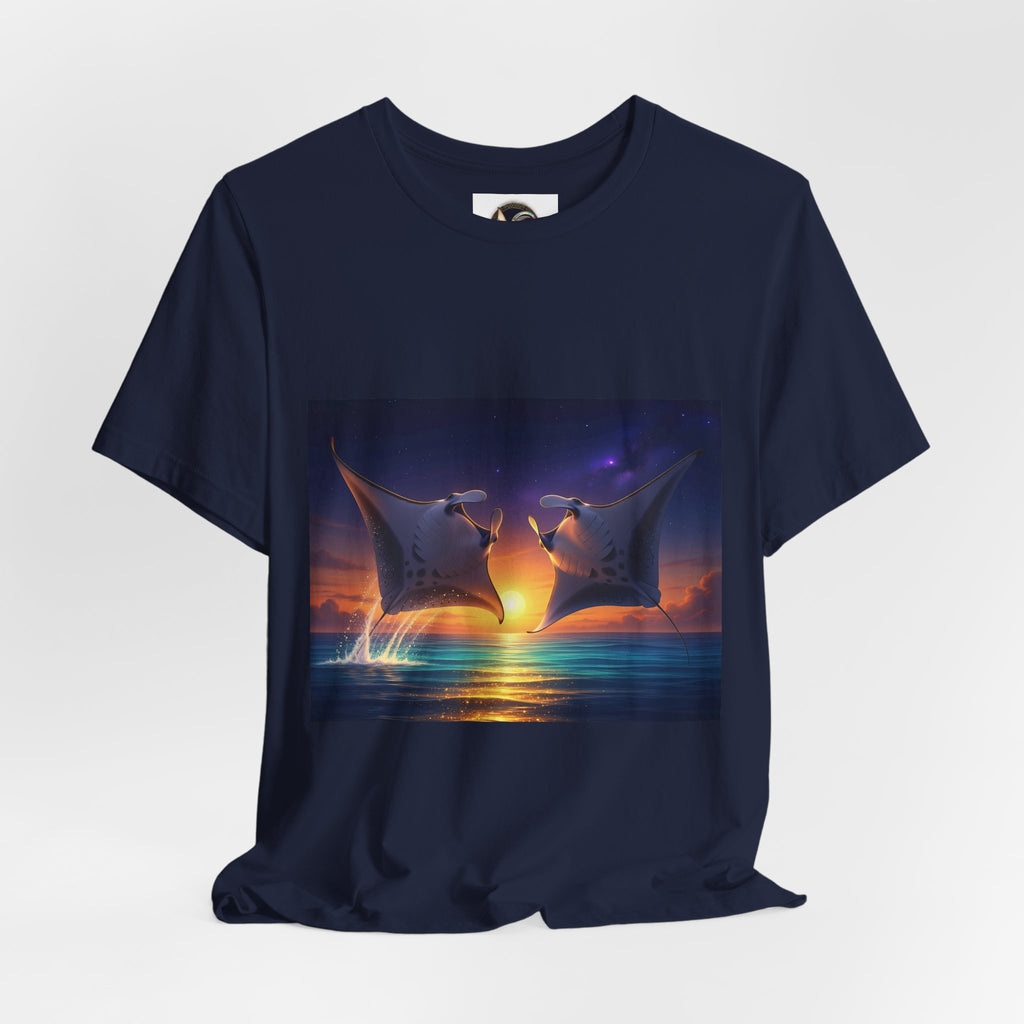 Sunset Manta Rays Graphic Tee — Ocean Sunset Dolphin-Style Art Shirt