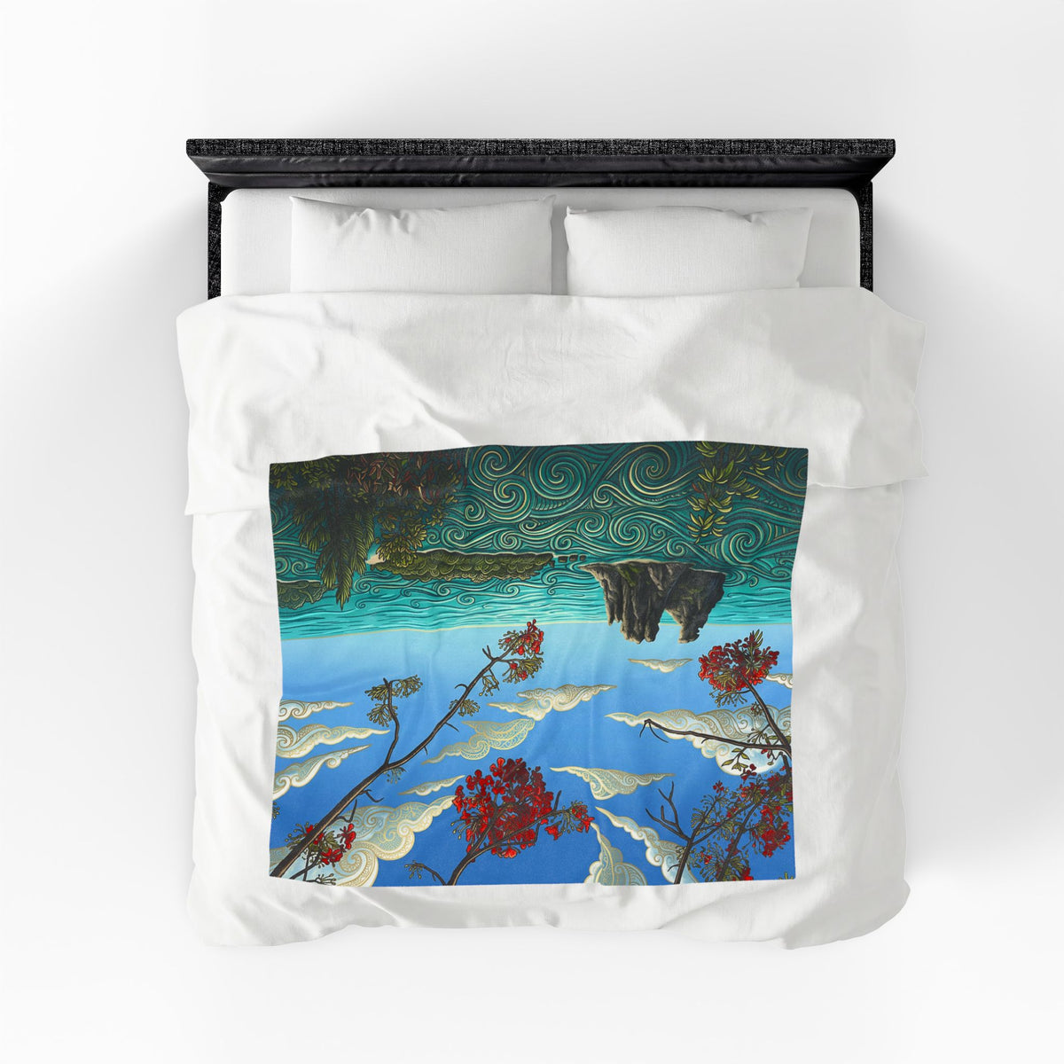 Velveteen Plush Blanket — Tranquil Coastal Art Throw with Floral & Swirling Ocean Design
