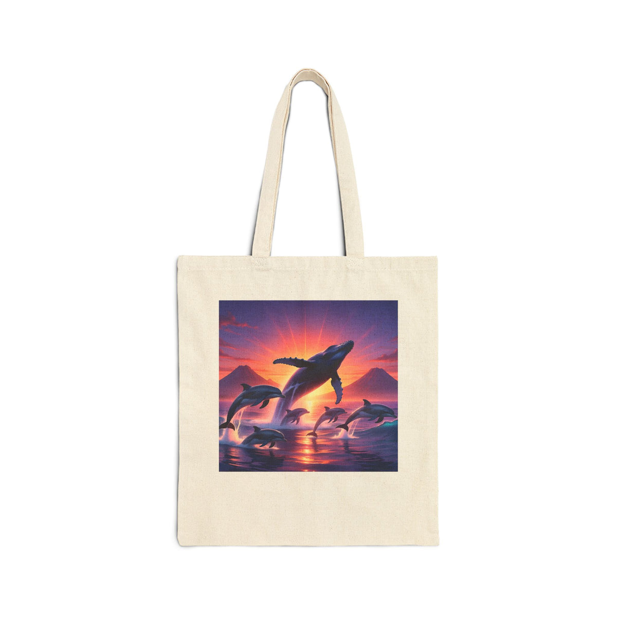 Whales at Sunset Canvas Tote Bag — Ocean Dolphin Sunset Beach Reusable Shopper