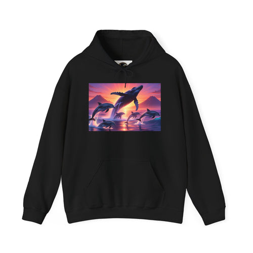Dolphin Sunset Hoodie — Majestic Jump Ocean Graphic Sweatshirt