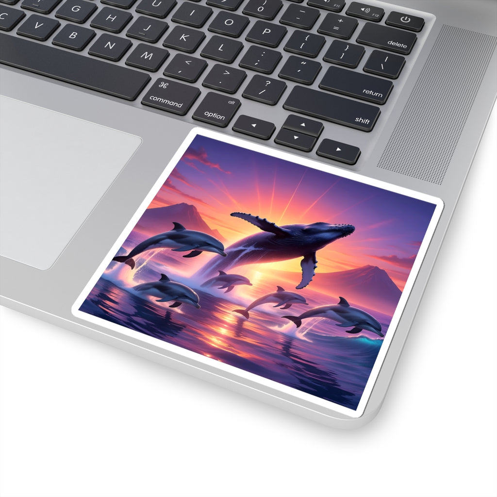 Whale & Dolphin Sunset Sticker — Ocean Sunrise Kiss-Cut Decal for Laptops & Water Bottles