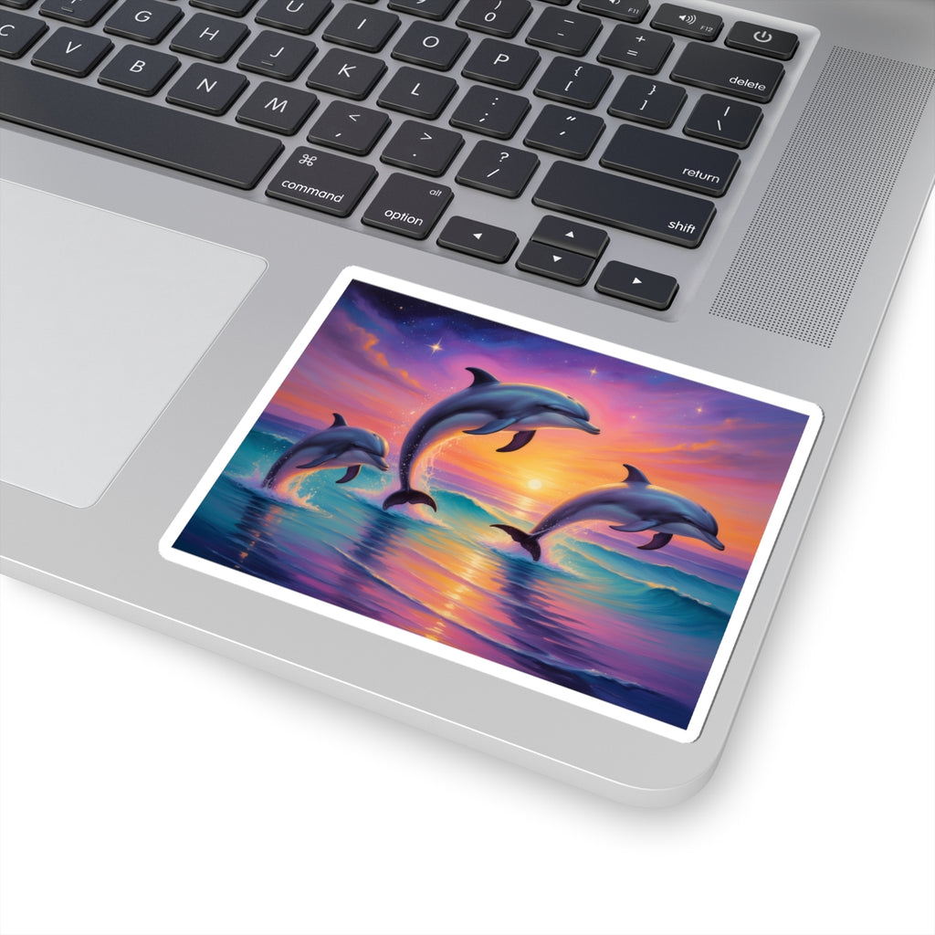 Dolphin Sunset Kiss-Cut Sticker — Vibrant Ocean Sunset Dolphin Decal