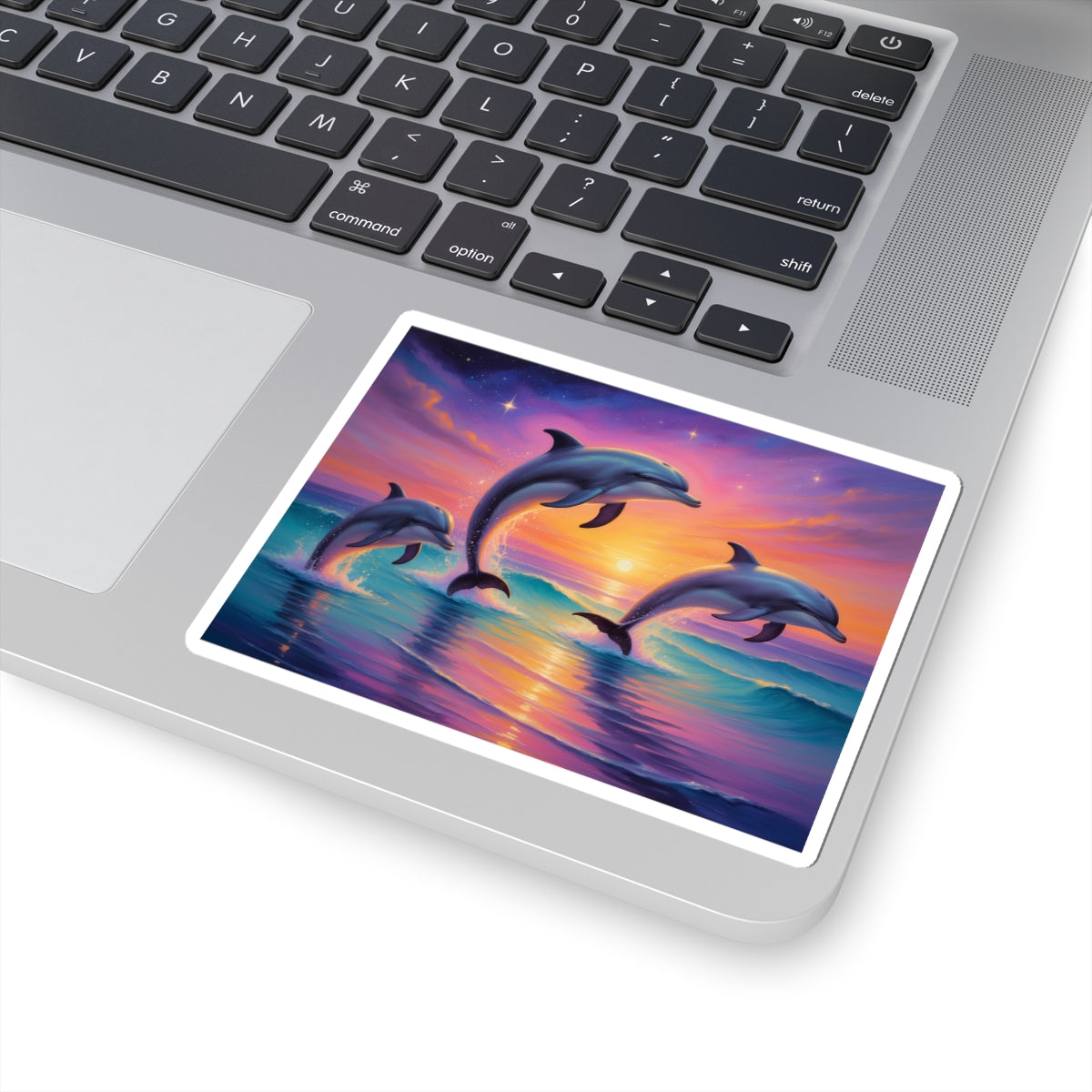 Dolphin Sunset Kiss-Cut Sticker — Vibrant Ocean Sunset Dolphin Decal