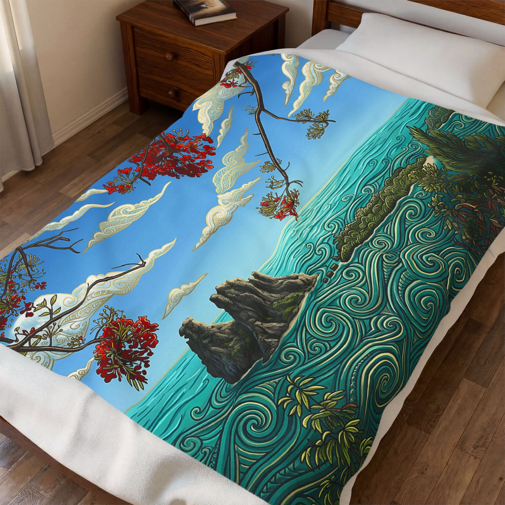 Velveteen Plush Blanket — Tranquil Coastal Art Throw with Floral & Swirling Ocean Design