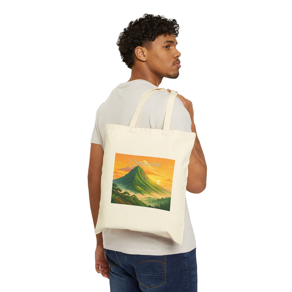 Mountain Sunrise Tote Bag — Canvas Eco Shopper with 'Good Morning' Landscape Art