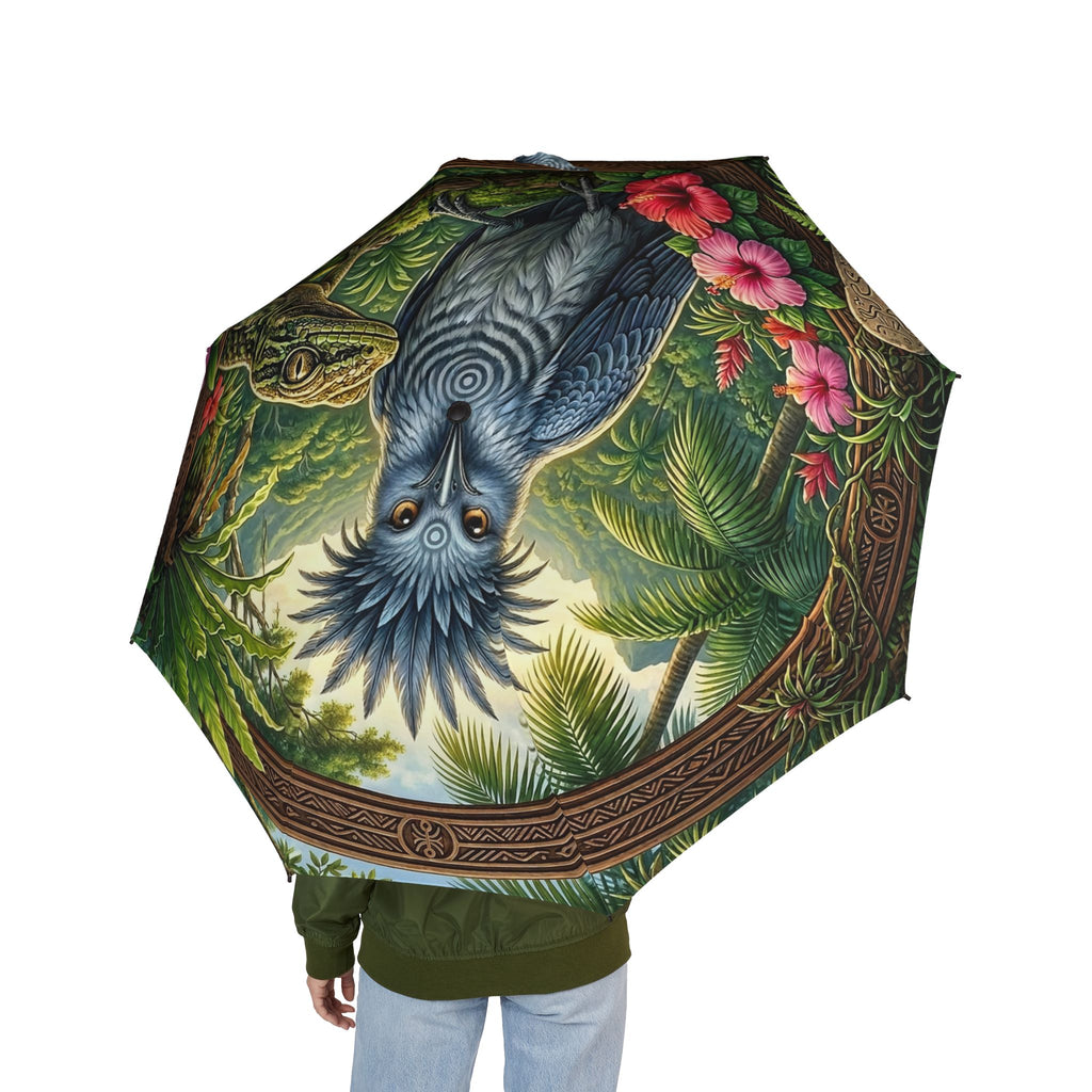 Tropical Bird Compact Umbrella — Foldable Semi‑Automatic Rain Umbrella with Exotic Parrot & Hibiscus Design
