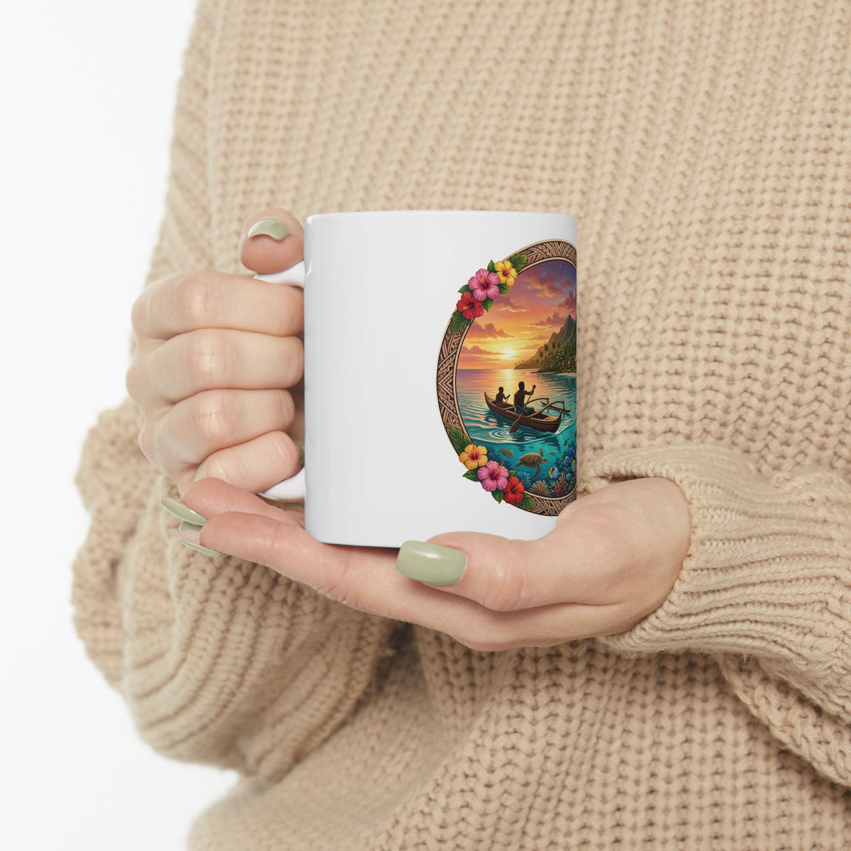 Tropical Sunset Canoe Ceramic Mug — Hawaiian Island Beach Scene (11oz/15oz)