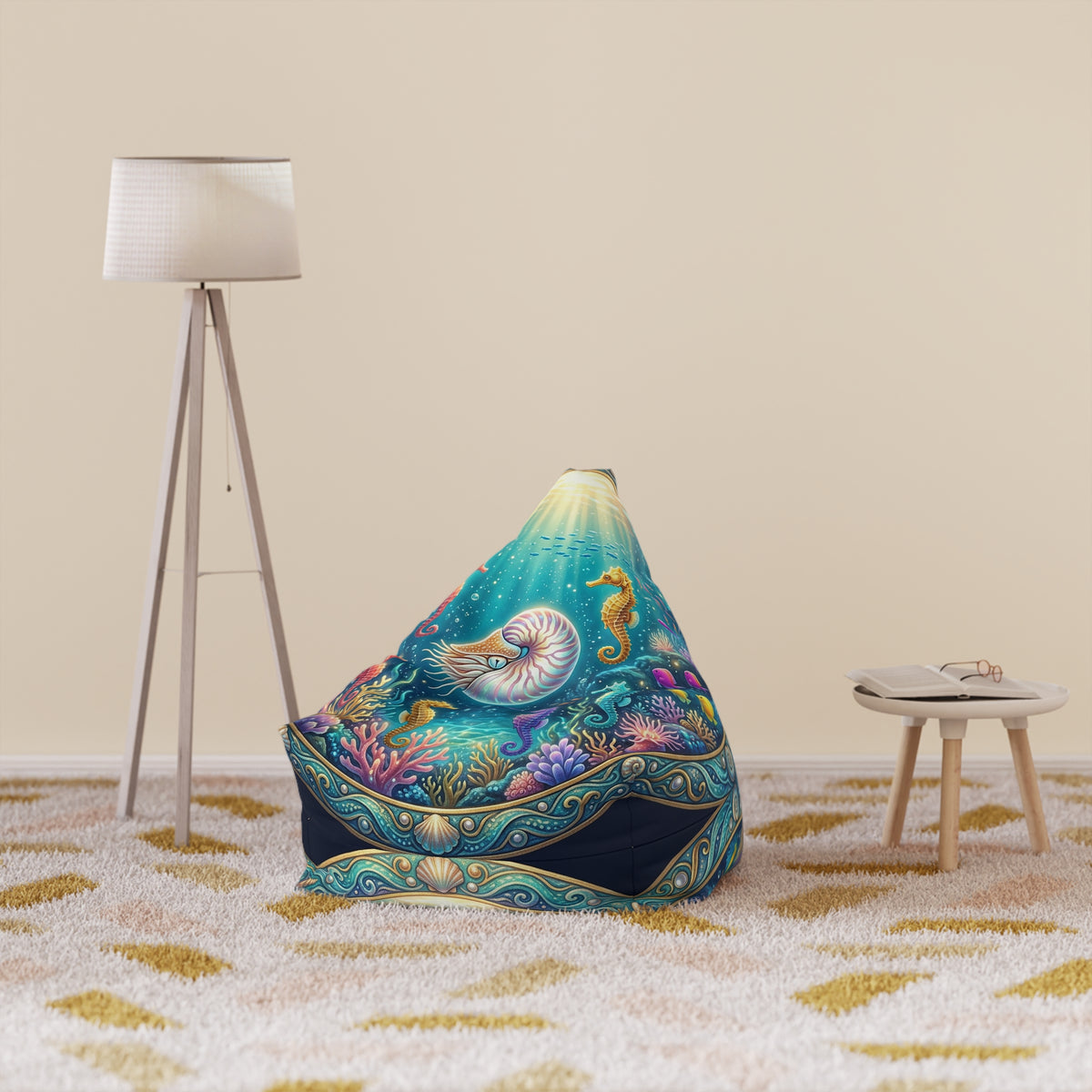 Ocean Nautilus Bean Bag Cover — Underwater Coral & Seahorse Decor
