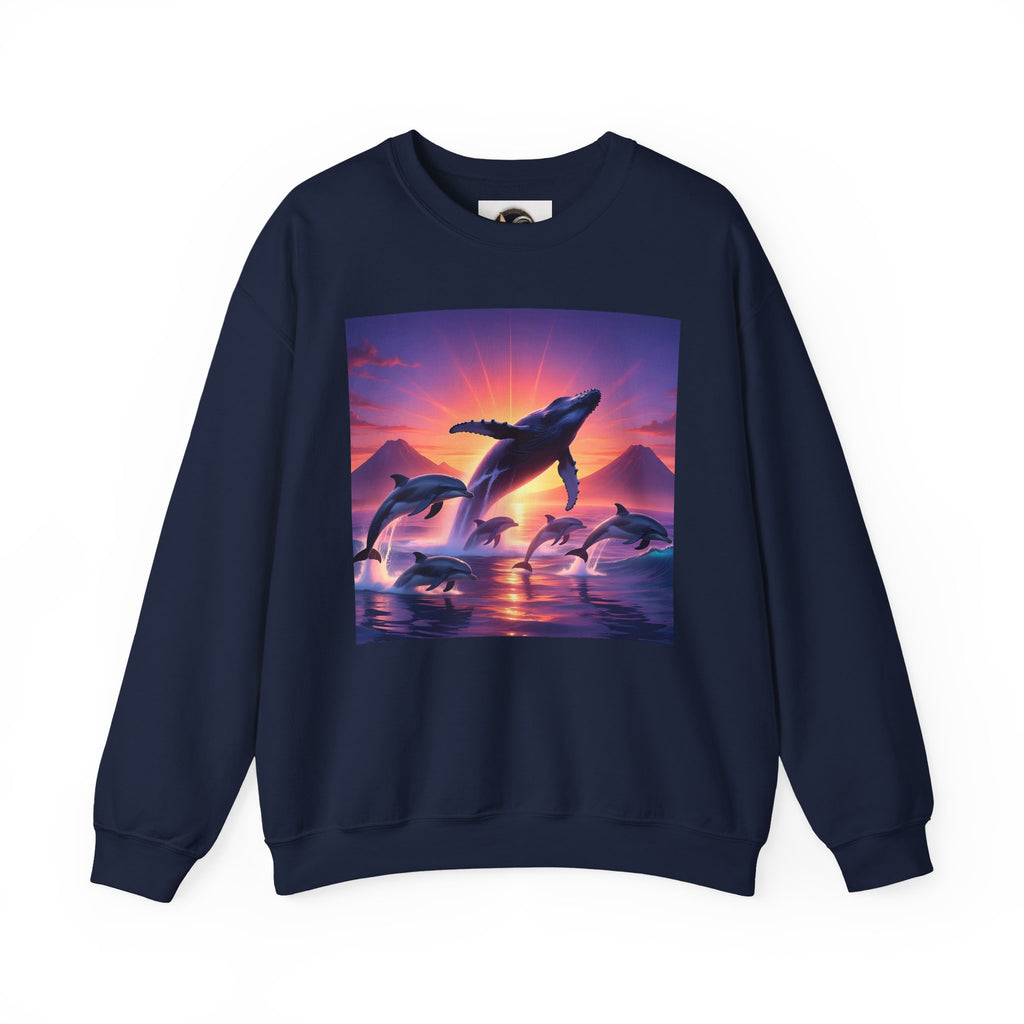 Whale Sunset Crewneck Sweatshirt — Ocean Dolphin Jump Graphic