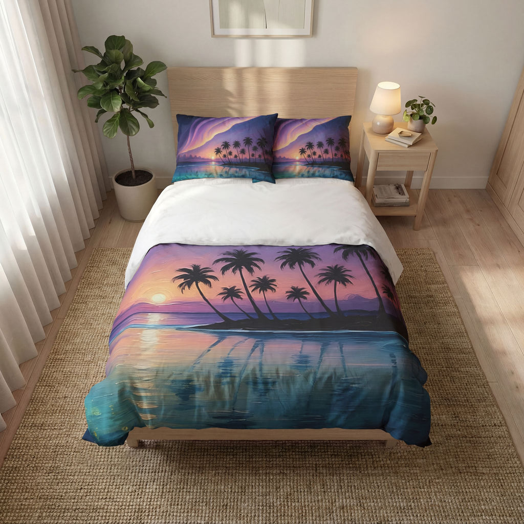 Tropical Sunset Quilt Cover Set — Palm Tree Beach Duvet Trio