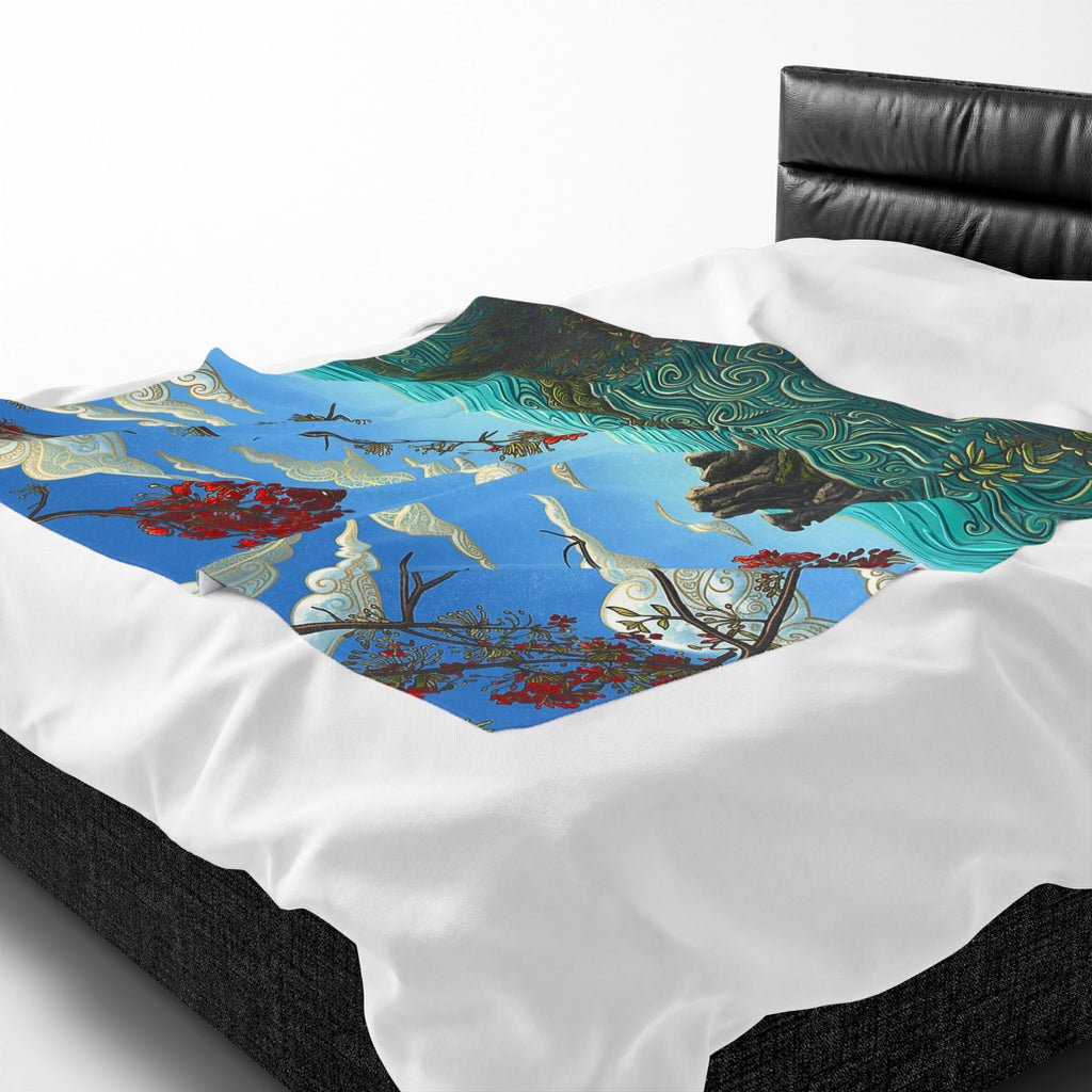 Velveteen Plush Blanket — Tranquil Coastal Art Throw with Floral & Swirling Ocean Design