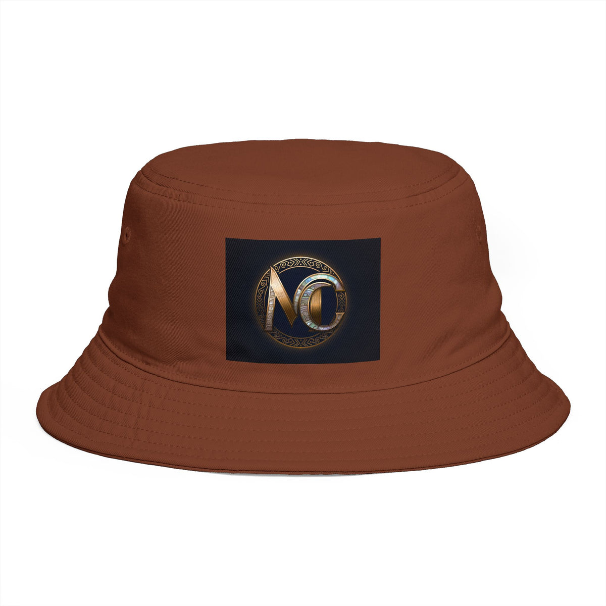 Brown Bucket Hat with Gold and Pearly Emblem — Bold Statement Sun Hat