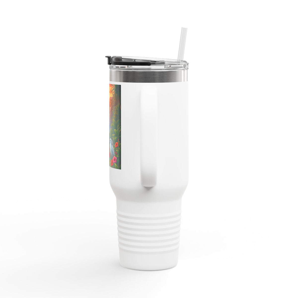 40oz Insulated Travel Mug – Tropical Waterfall & Toucan Scenic Design