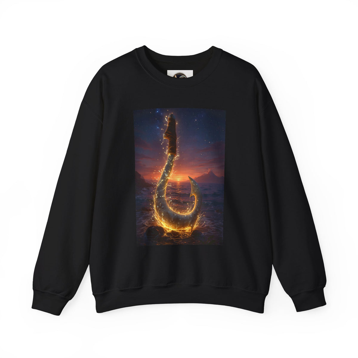Crewneck Sweatshirt — Fiery Hook Graphic Crewneck (Stormy Sunset, Flaming Fish Hook)