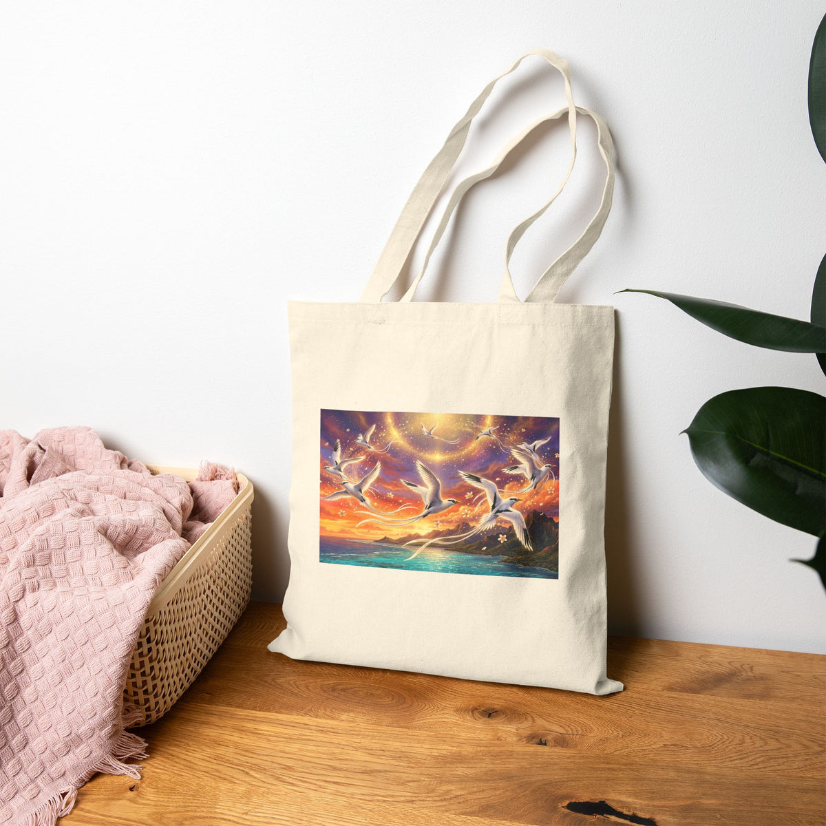 Canvas Tote Bag — Sunset Dolphins Art Print Eco Shopper