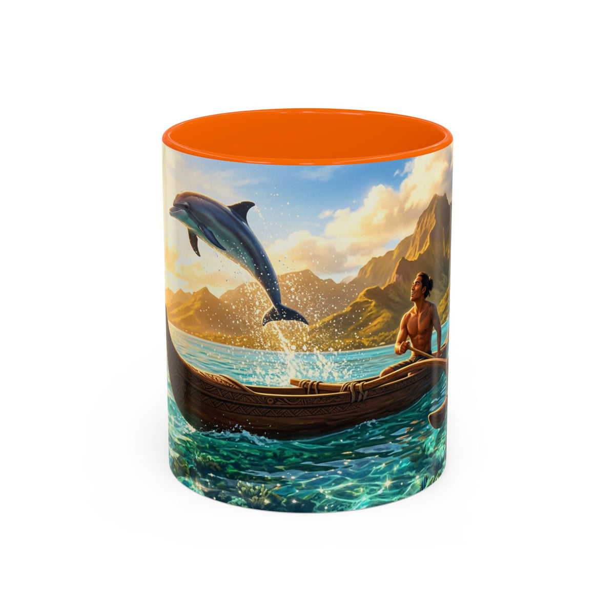 Taza de café Canua Tropical — Taza escénica con delfines y amanecer en el océano (11/15oz)