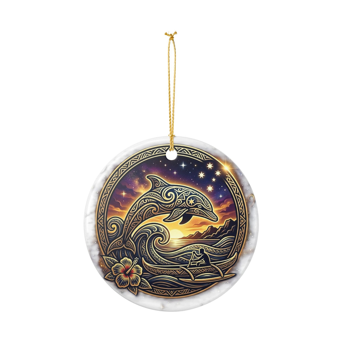 Ceramic Ornament — Nautical Dolphin Sunset Decorative Hanging Ornament