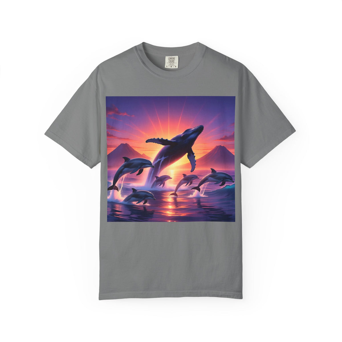 Sunset Whale & Dolphins T-Shirt — Vintage Ocean Sunset Graphic Tee