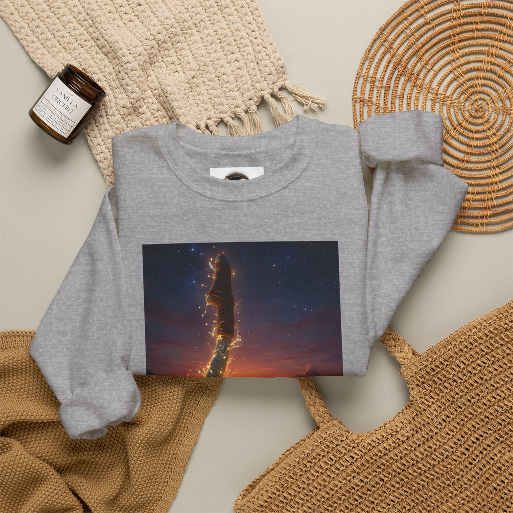 Crewneck Sweatshirt — Fiery Hook Graphic Crewneck (Stormy Sunset, Flaming Fish Hook)