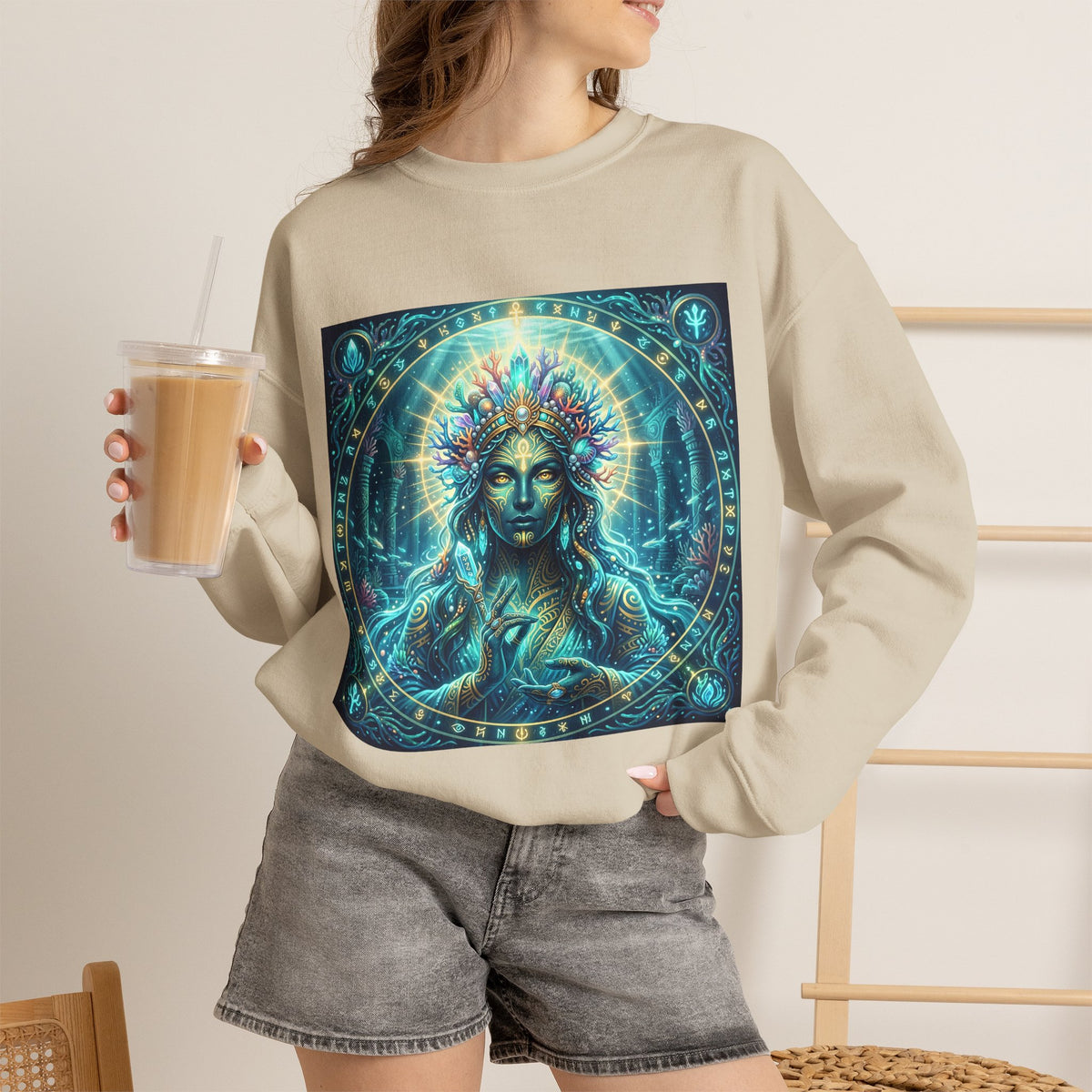 Mystic Goddess Crewneck Sweatshirt — Neon Spiritual Art Pullover