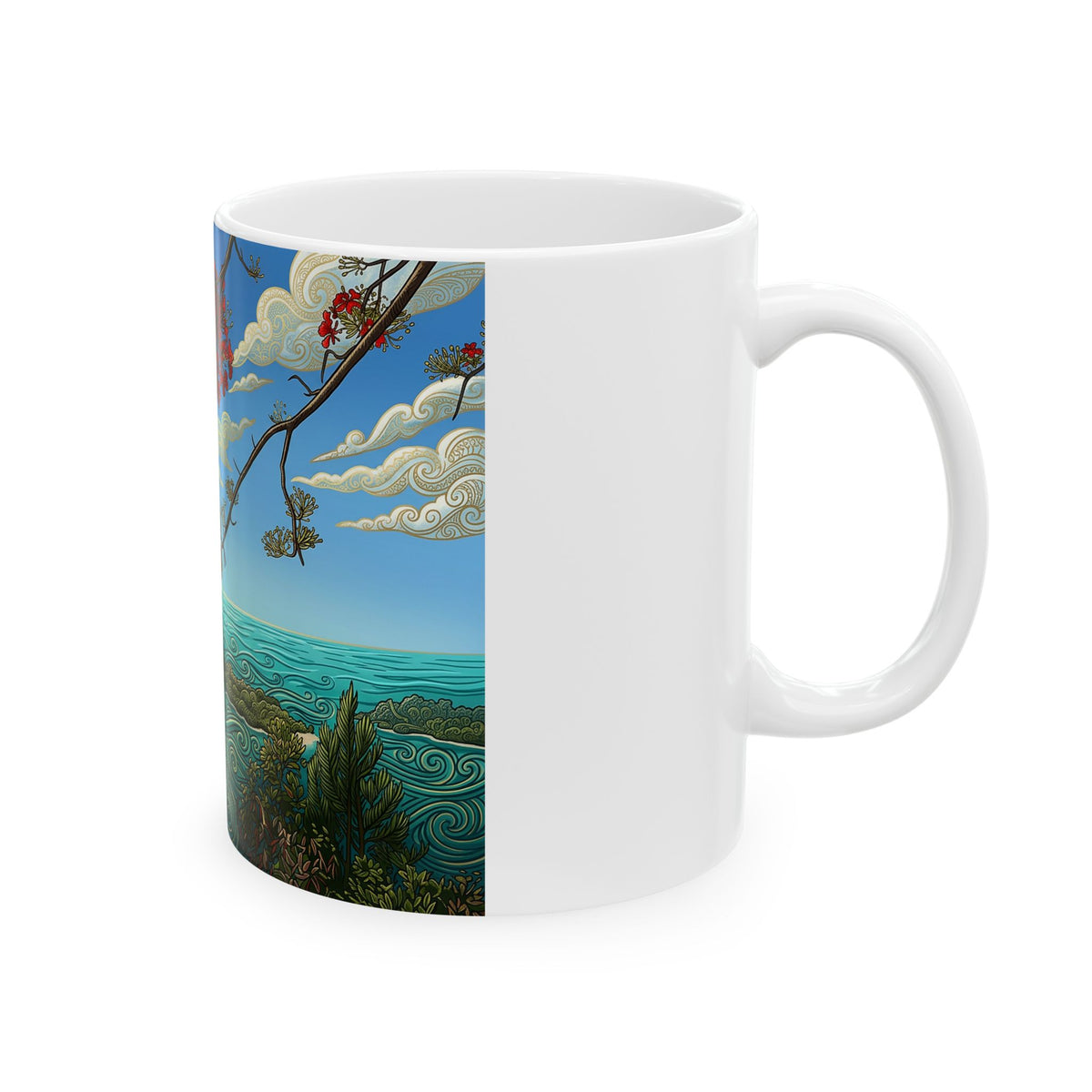 Scenic Ocean Art Ceramic Mug – Tropical Cliffside with Swirling Waves (11oz/15oz)