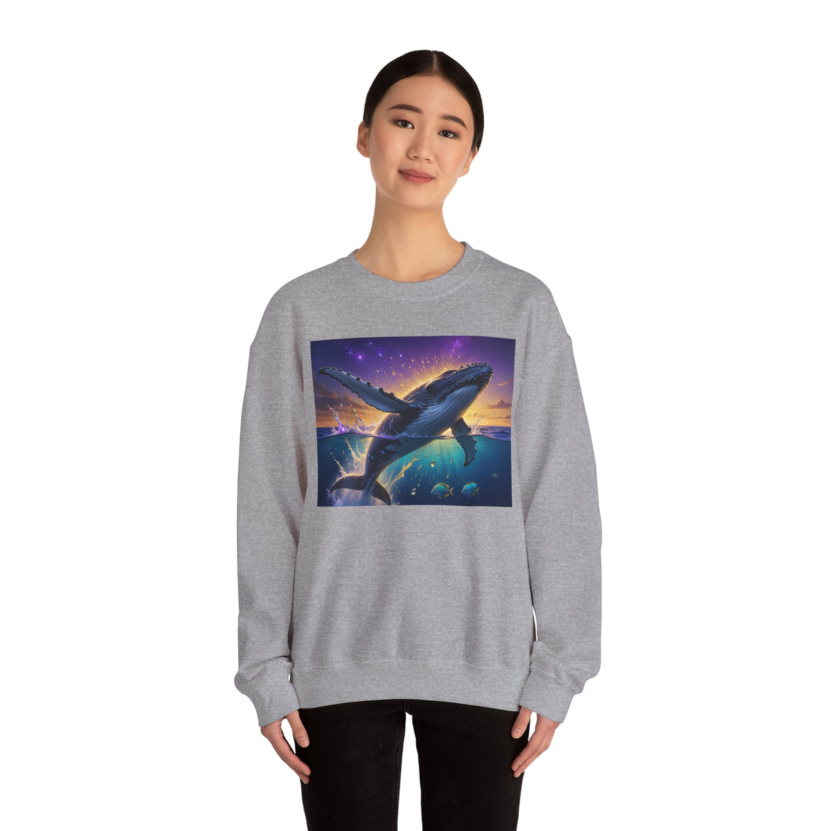 Whale Dreamscape Crewneck Sweatshirt — Cosmic Ocean Sunset Graphic