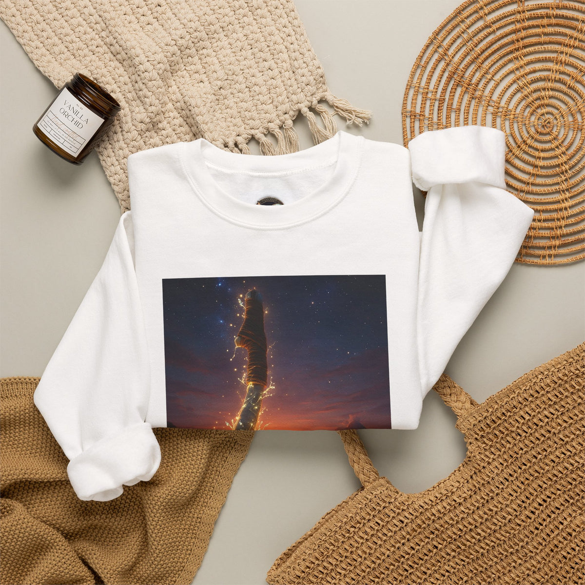 Crewneck Sweatshirt — Fiery Hook Graphic Crewneck (Stormy Sunset, Flaming Fish Hook)