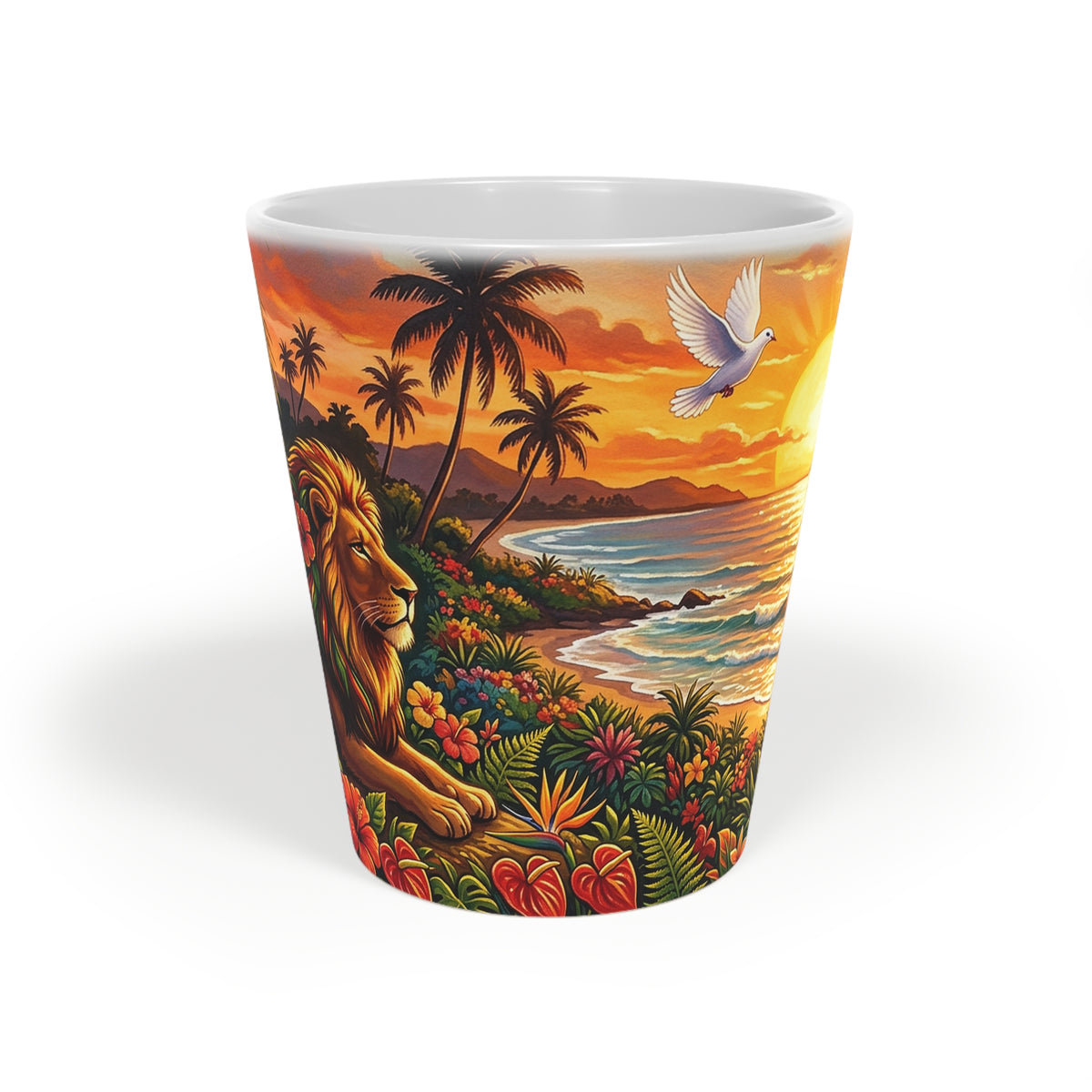 Lion Sunset Latte Mug — Tropical Beach Scene Coffee Cup (12oz)