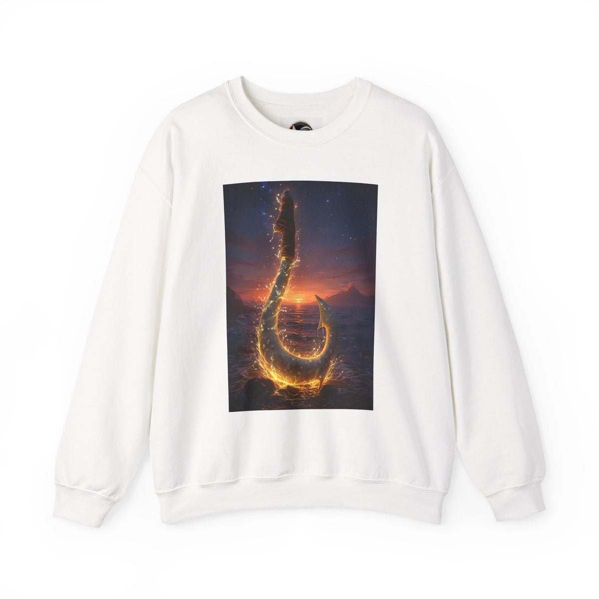 Crewneck Sweatshirt — Fiery Hook Graphic Crewneck (Stormy Sunset, Flaming Fish Hook)