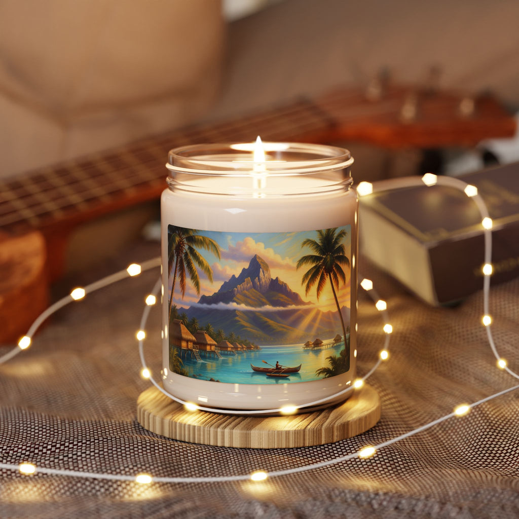 Tropical Island Soy Candle — 9oz Scented Candle with Sunset Beach Artwork