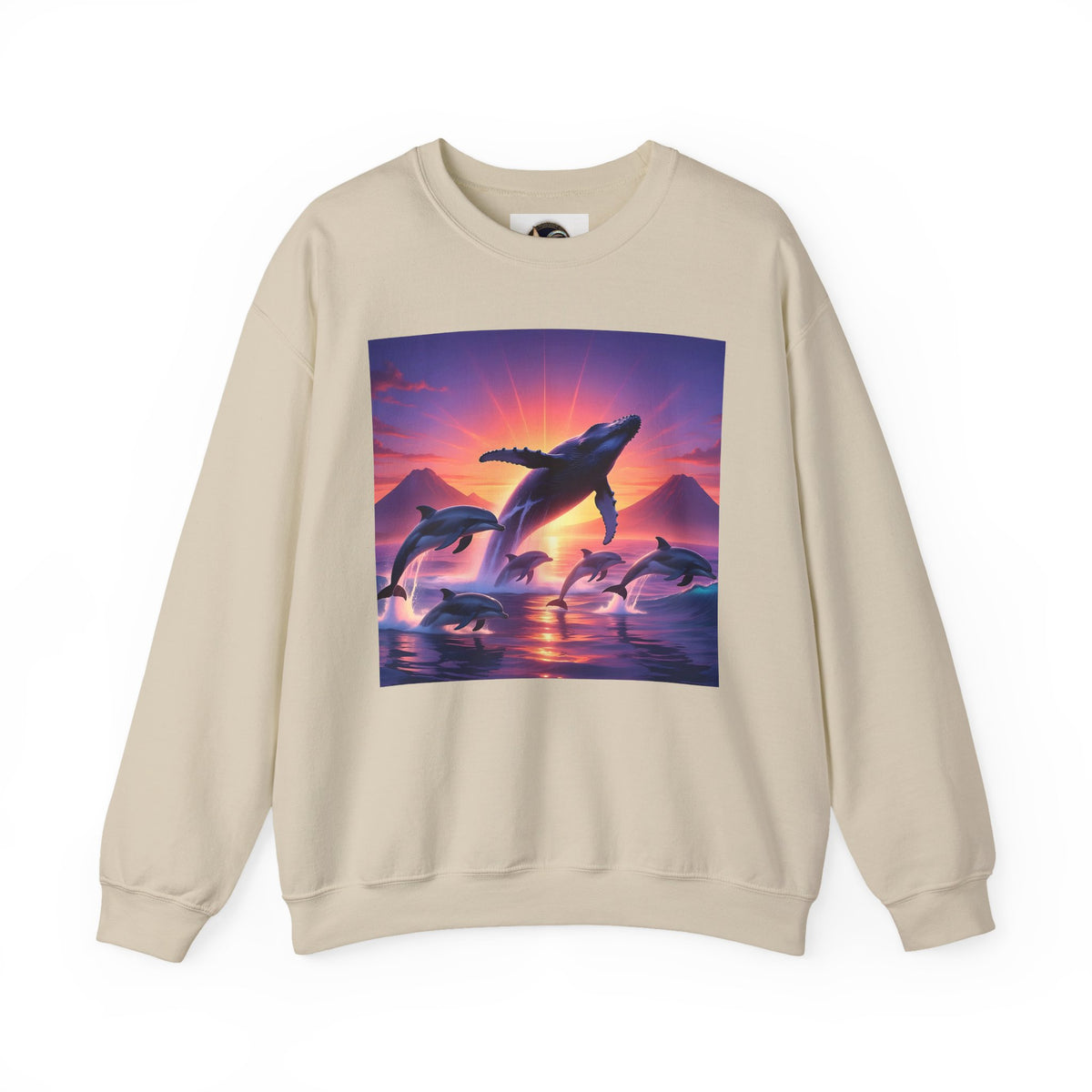 Whale Sunset Crewneck Sweatshirt — Ocean Dolphin Jump Graphic