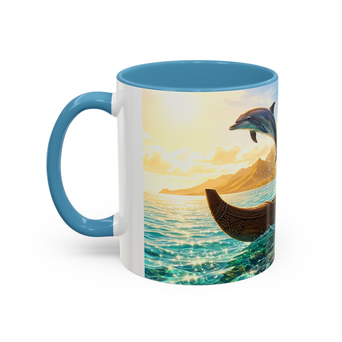 Tropical Canoe Coffee Mug — Ocean Dolphin Sunrise Scenic Mug (11/15oz)