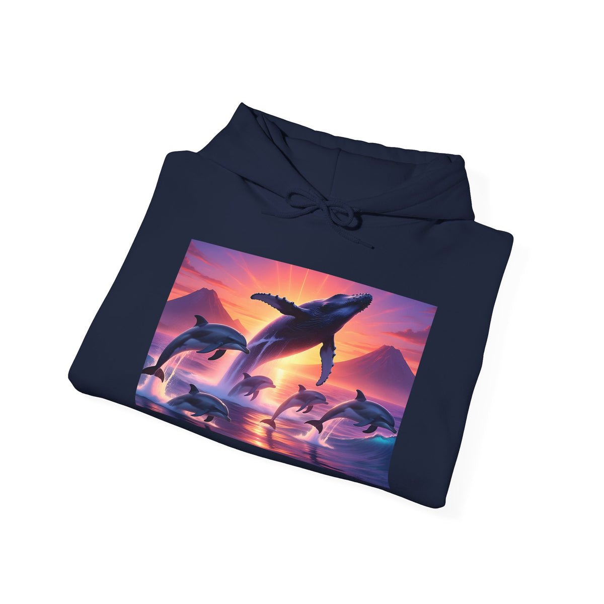 Dolphin Sunset Hoodie — Majestic Jump Ocean Graphic Sweatshirt