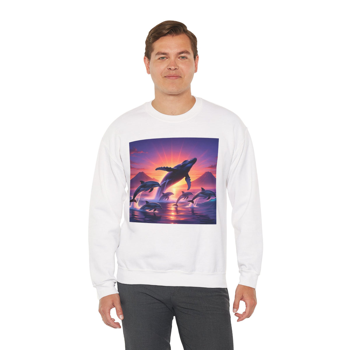 Whale Sunset Crewneck Sweatshirt — Ocean Dolphin Jump Graphic