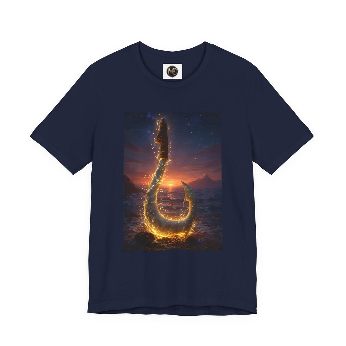 Fiery Hook Graphic Tee — Flaming Fishing Hook Sunset T-Shirt