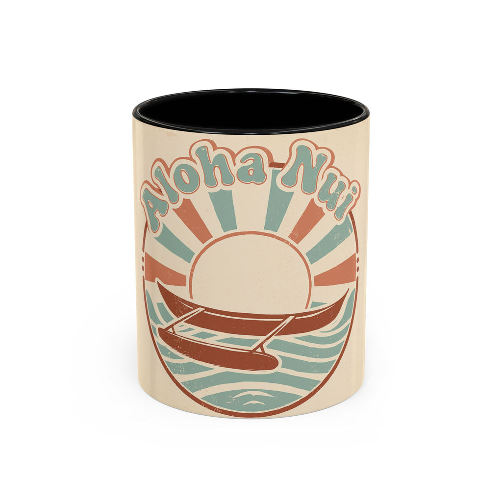 Aloha Nui Coffee Mug — Retro Hawaiian Canoe Sunset Accent Mug (11/15oz)