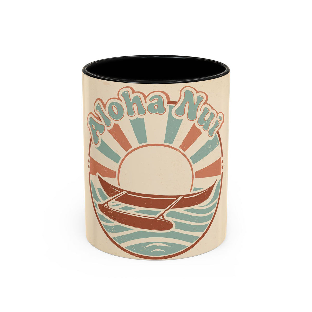 Aloha Nui Coffee Mug — Retro Hawaiian Canoe Sunset Accent Mug (11/15oz)