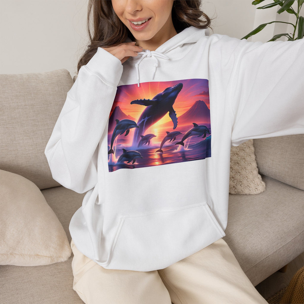 Dolphin Sunset Hoodie — Majestic Jump Ocean Graphic Sweatshirt