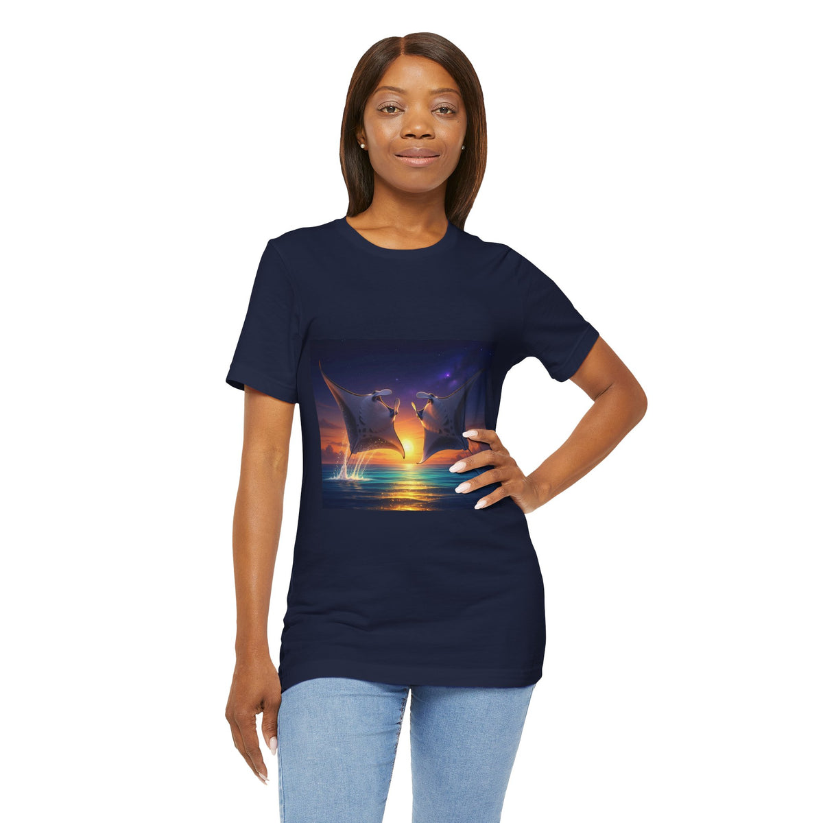 Sunset Manta Rays Graphic Tee — Ocean Sunset Dolphin-Style Art Shirt