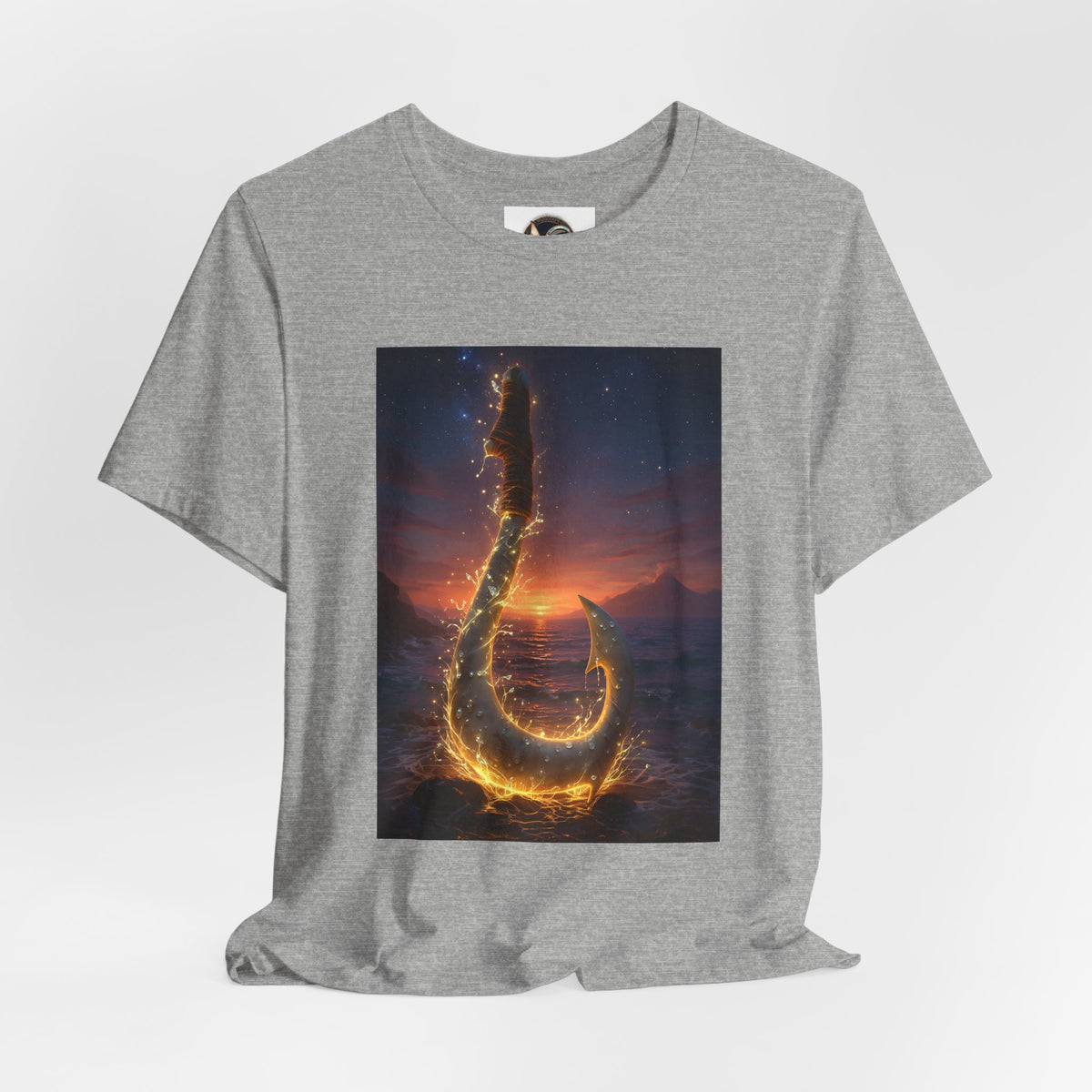 Fiery Hook Graphic Tee — Flaming Fishing Hook Sunset T-Shirt