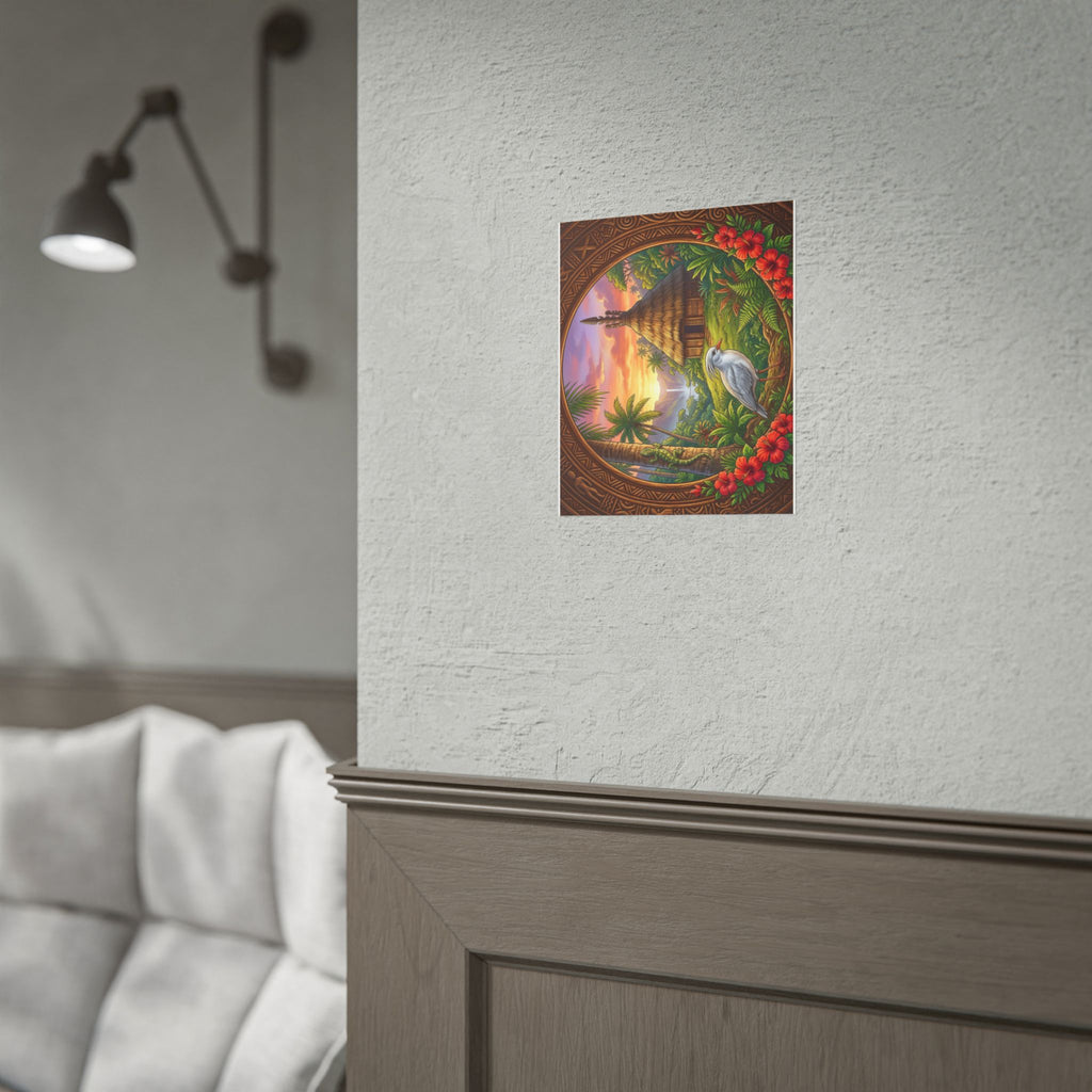 Tropical Sunset Rolled Poster — Pacific Fall Scene with Egret & Hibiscus