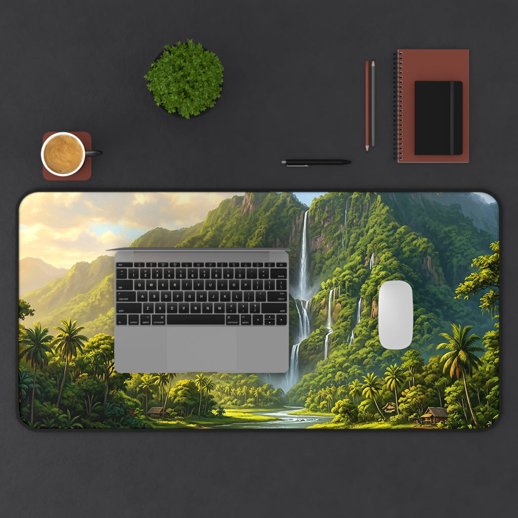 Tropical Waterfall Desk Mat — Lush Mountain Landscape Mouse Pad