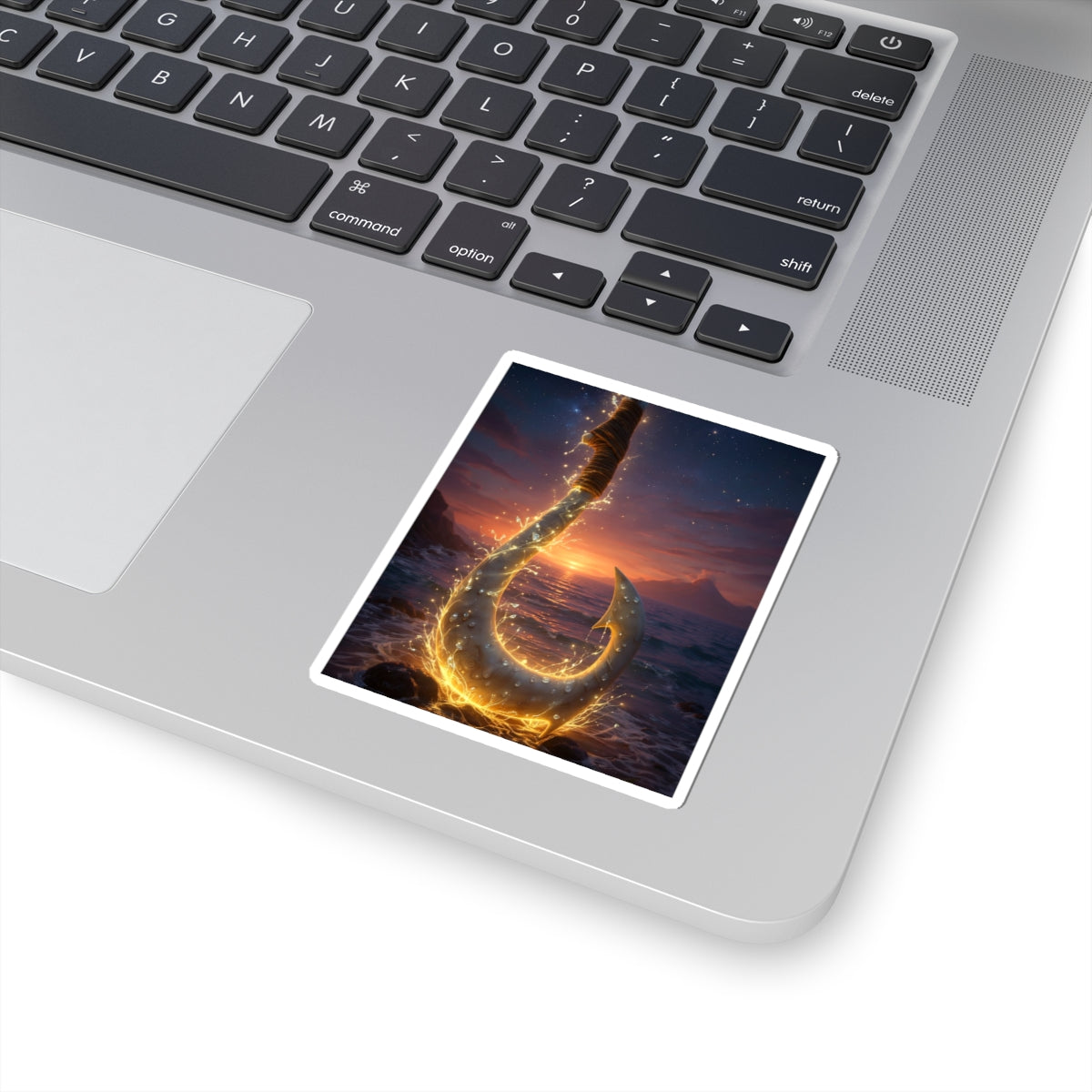 Golden Fishing Hook Sticker — Glowing Ocean Sunset Kiss-Cut Decal