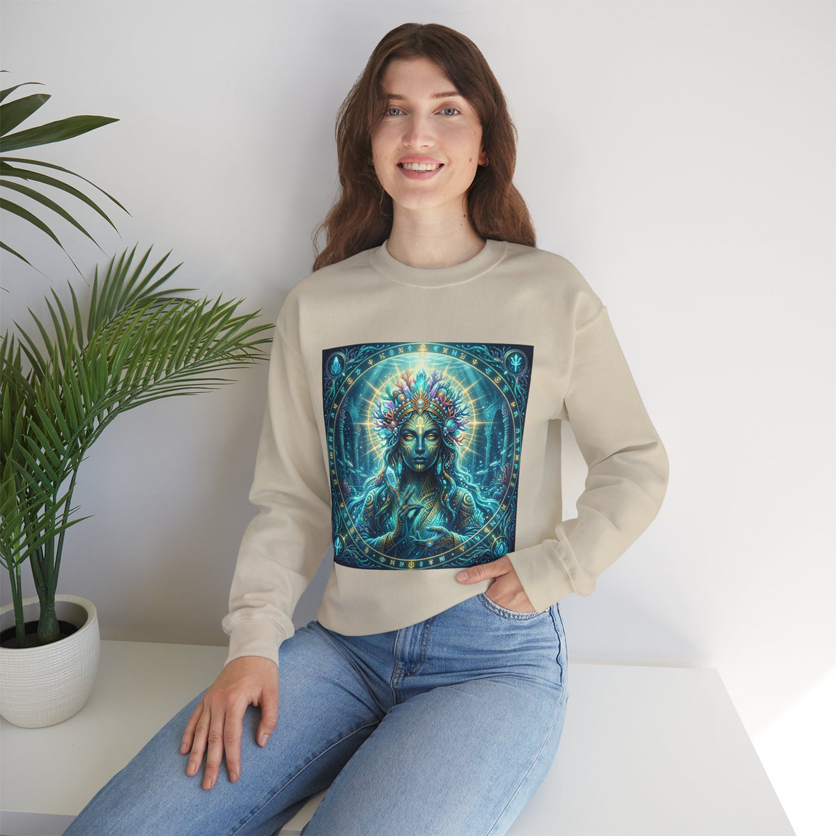 Mystic Goddess Crewneck Sweatshirt — Neon Spiritual Art Pullover