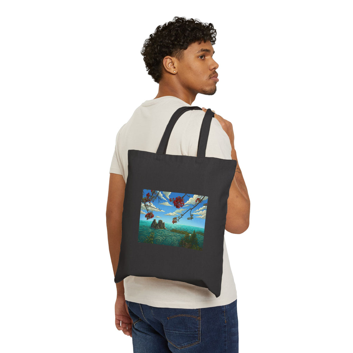 Surreal Sky Art Tote — Canvas Bag with Flying Leaves Scenic Print